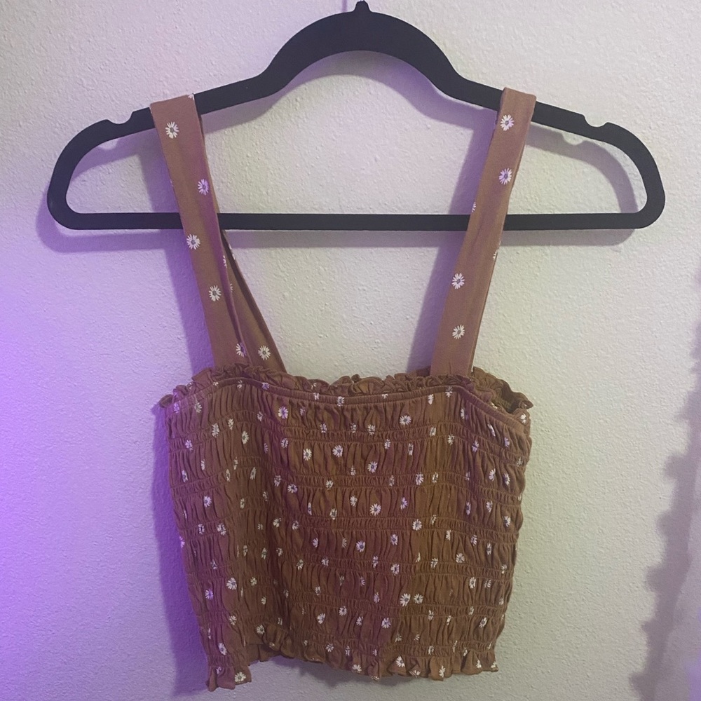 American Eagle Tan/Flowered Cropped Tank Top